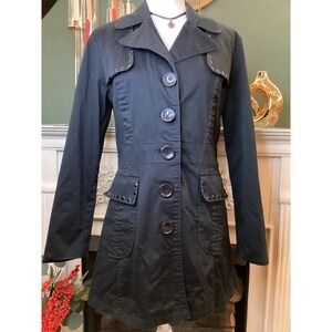 Appraisal Black Button Front Studded Military Style Trench Coat Women's Size L
